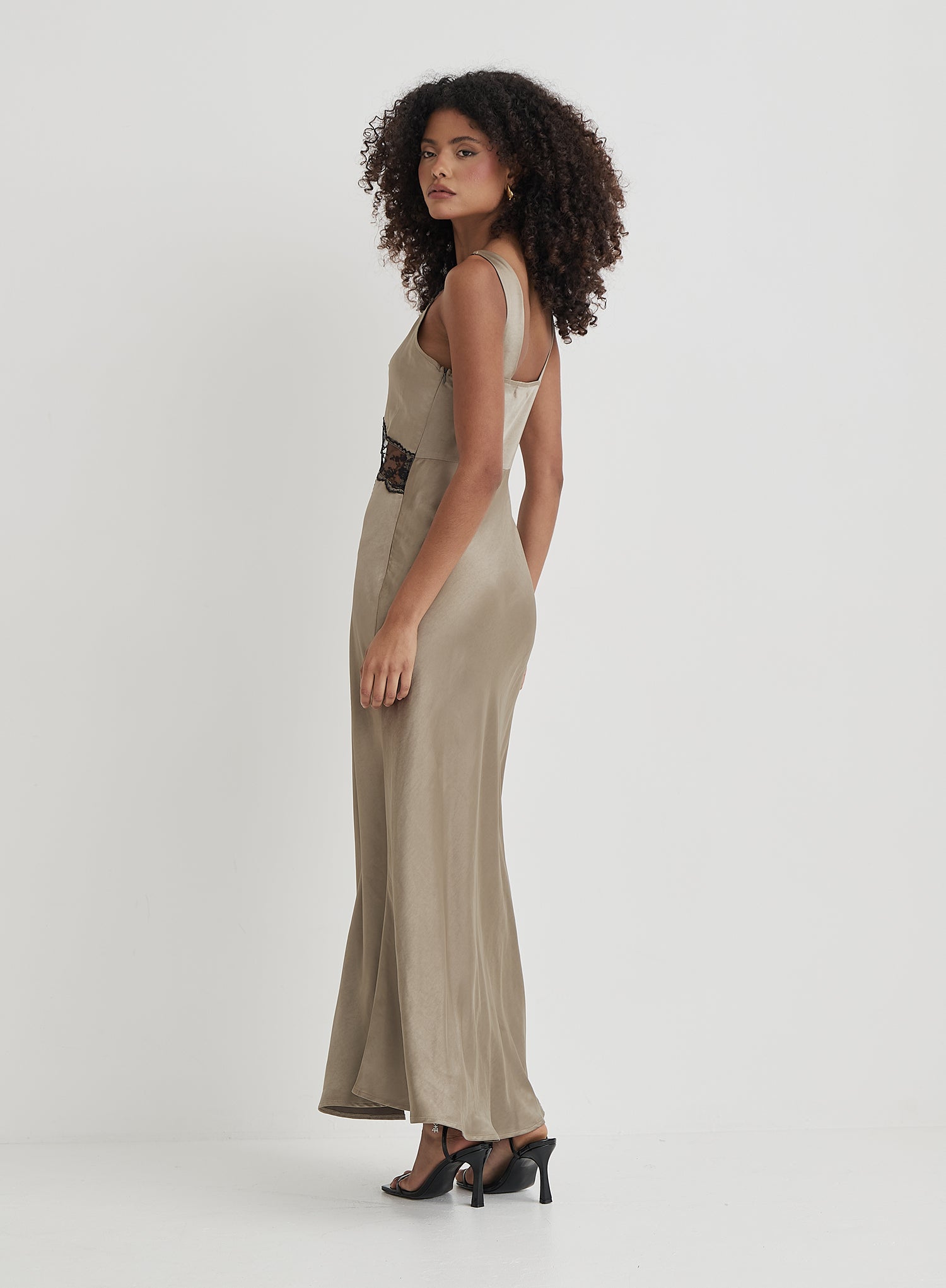 Khaki Satin Lace Slip Dress